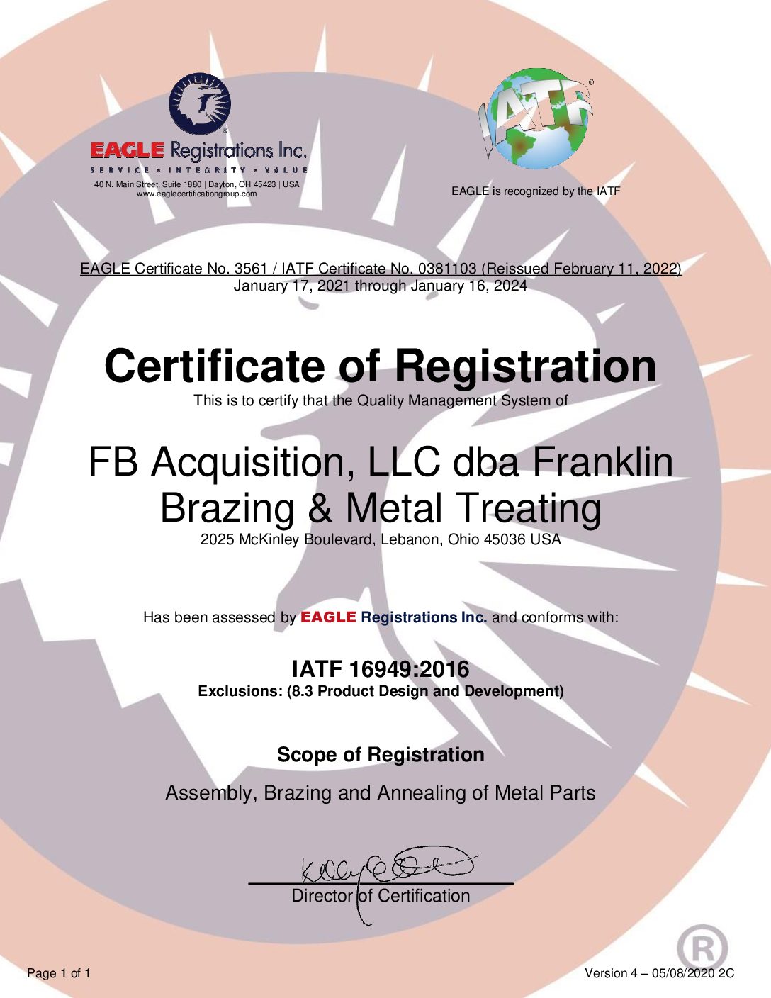 Certifications Franklin Brazing & Metal Treating